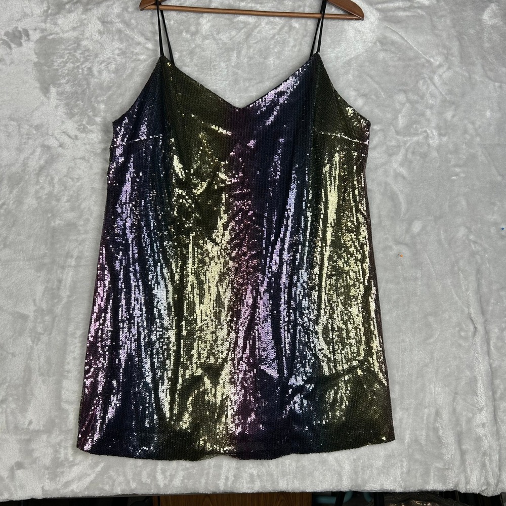 Sequin Party Dress Rainbow Iridescent Mini Spaghetti Strap V‎ Neck